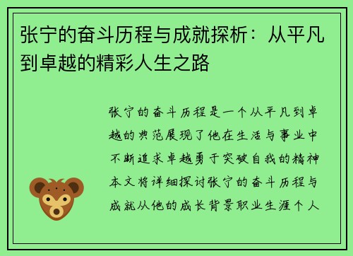 张宁的奋斗历程与成就探析：从平凡到卓越的精彩人生之路